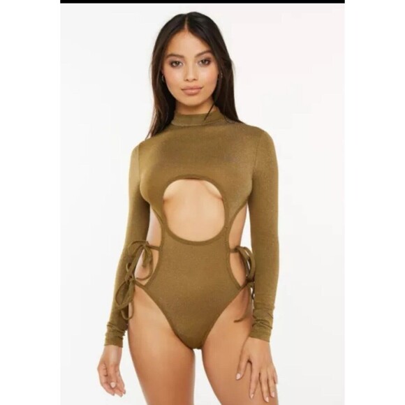 Savage X Fenty Bodysuit Green Shine Strapy Teddy Thong Mock Neck Size M - Picture 3 of 9